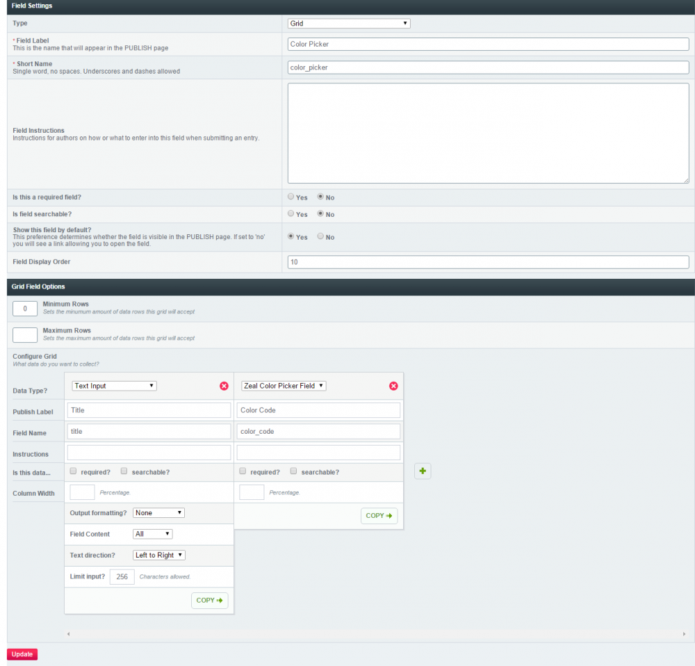 Admin channel field grid