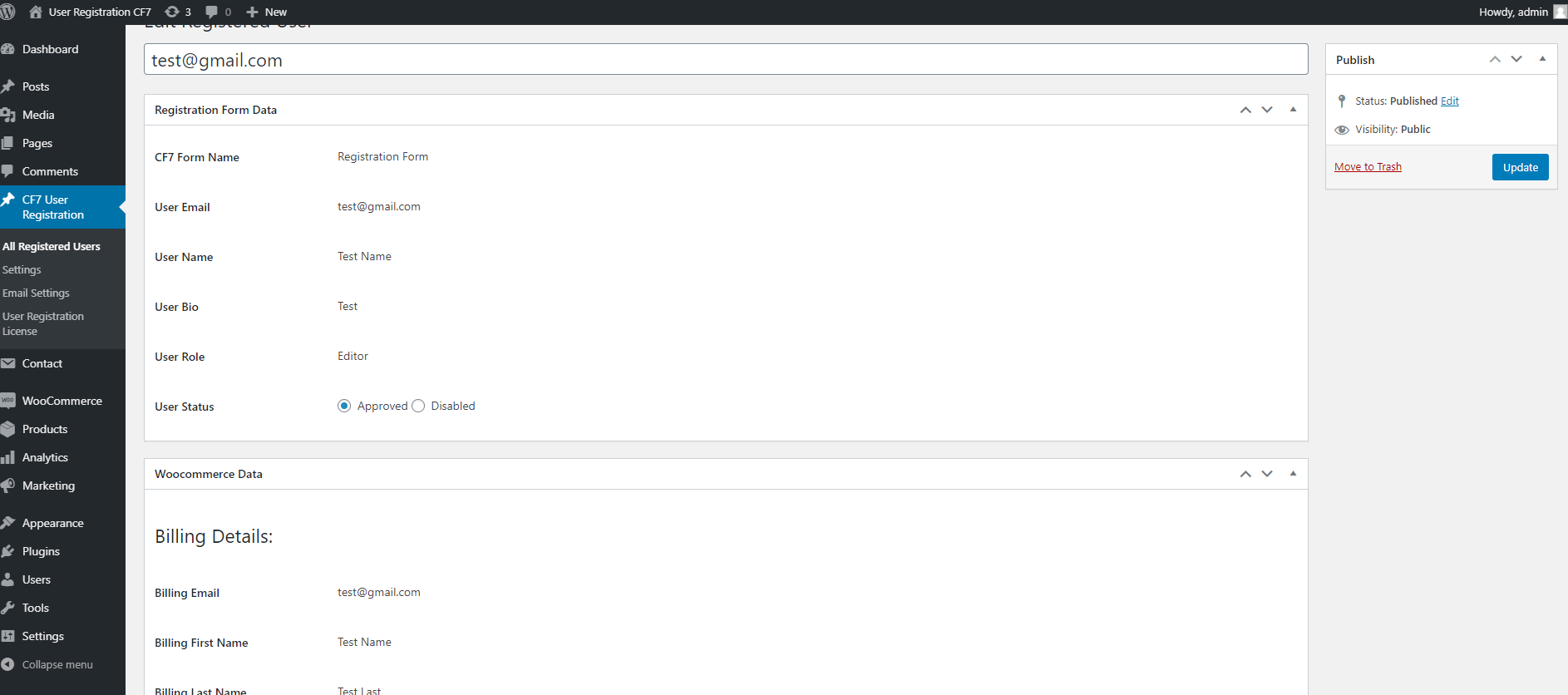 User Detail in User Registration Using Contact Form 7 Pro