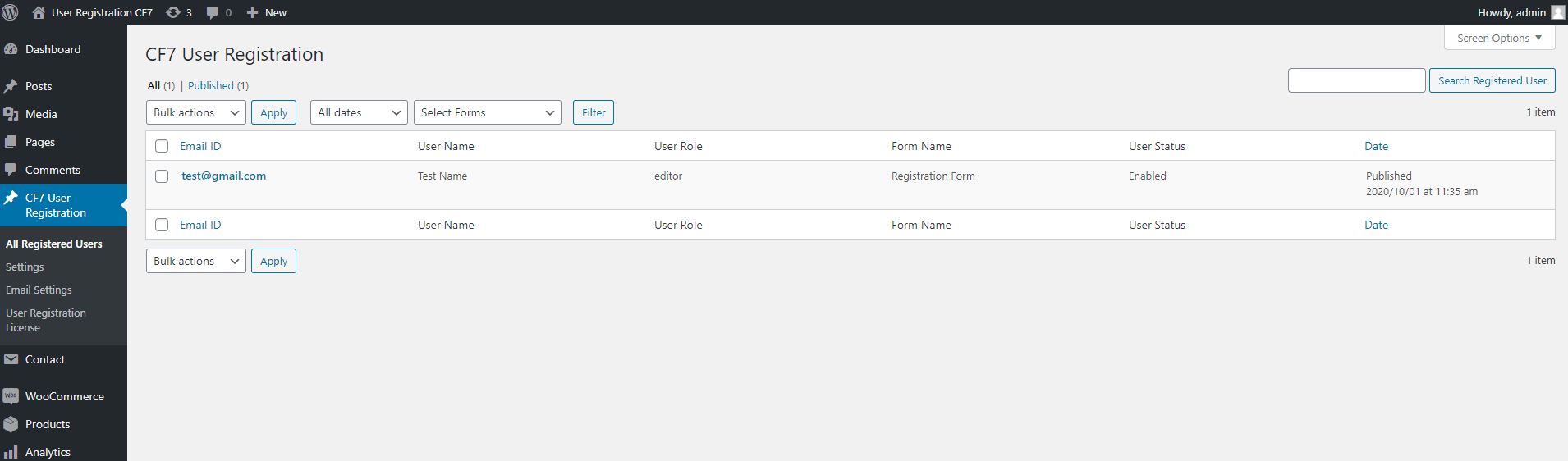 Register User Listing in User Registration Using Contact Form 7 Pro