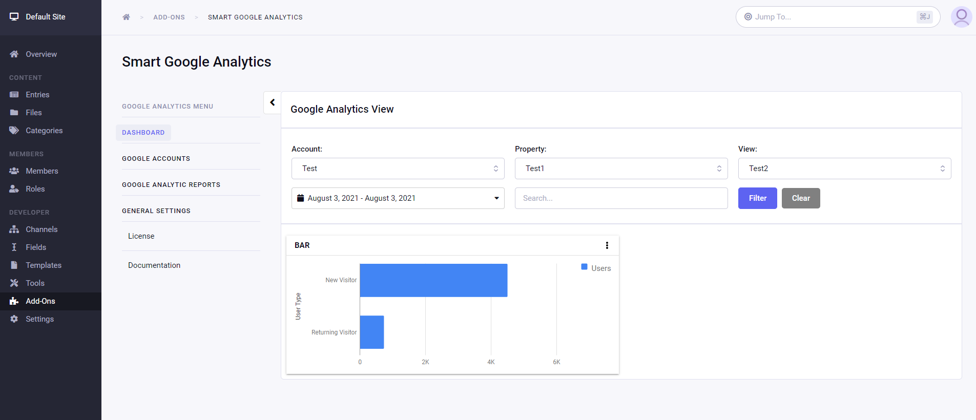 Google Analytics Add-ons View