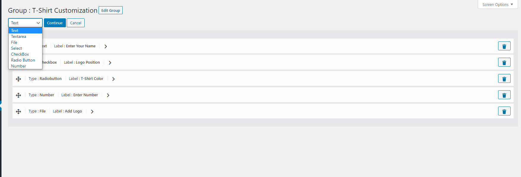 Type of Fields in Custom Product Options WooCommerce Pro