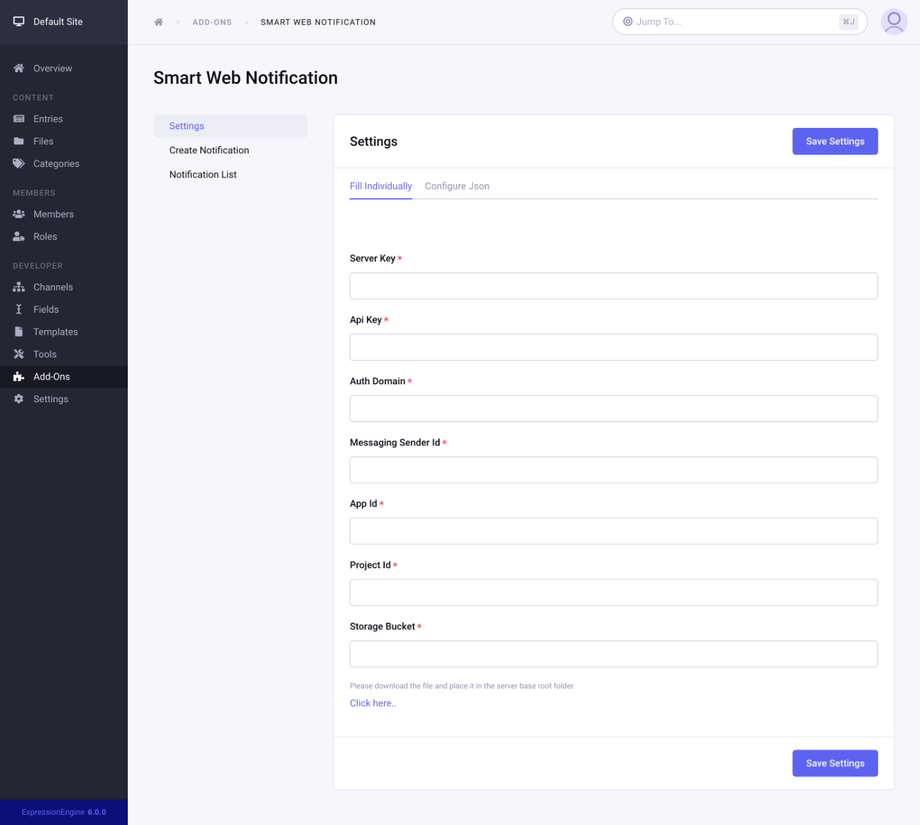 Smart web notification for express engine - settings